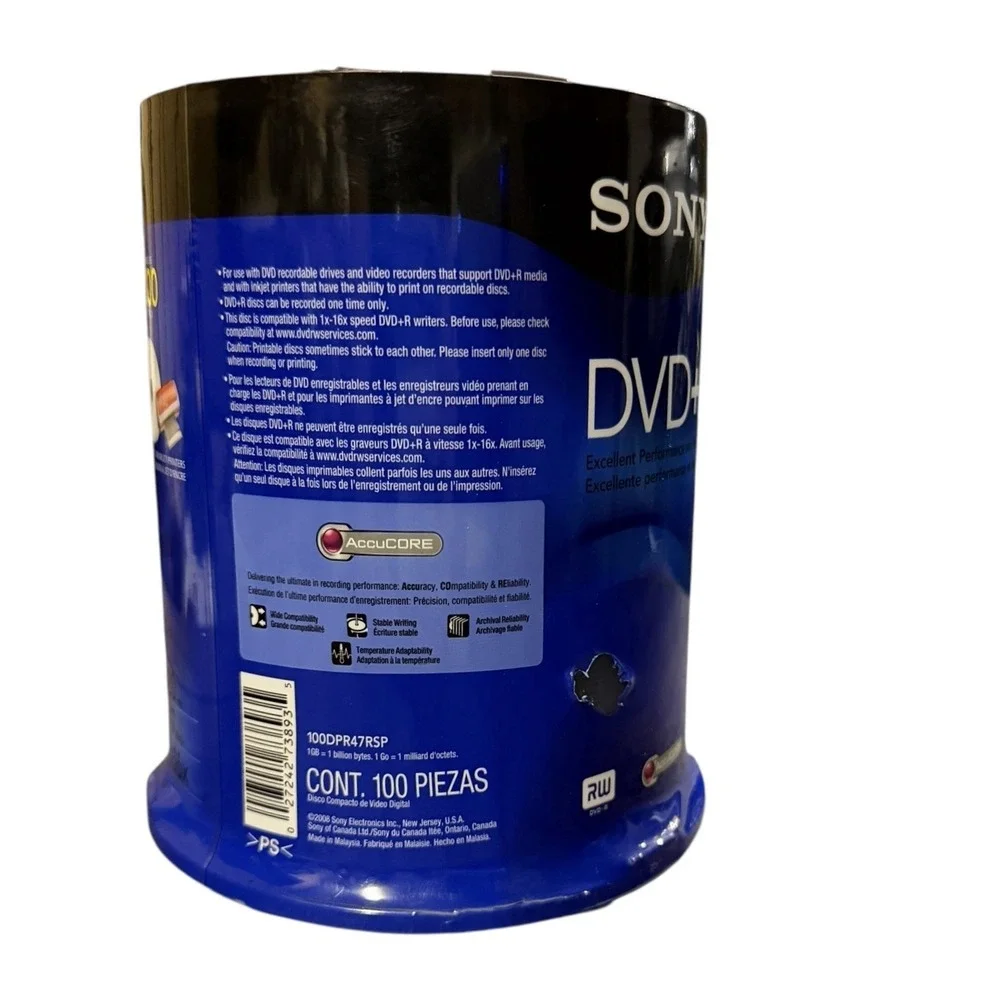Sony DVD+R 4.7GB‎ 120min 1-16X Recordable Blank Video Discs 100 Pack NEW SEALED